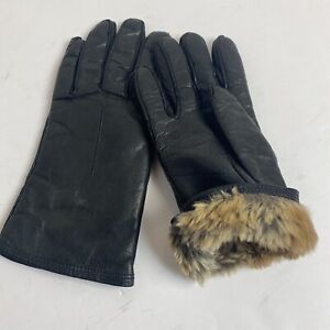 Vintage Ladies Black Leather Gloves w Rabbit Fur Lining Women’s Size Large LNC