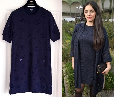 20C CHANEL NAVY BLUE CC LOGO EMBROIDERY SHORT SLEEVE COTTON CASHMERE DRESS 40 - Image 1 of 4