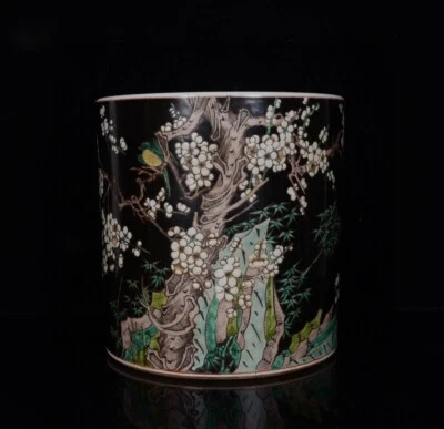 9.2“ Old Chinese Qing Dynasty Black gold glaze Pink color Flowers and birds Pen  Foto 1 de 4