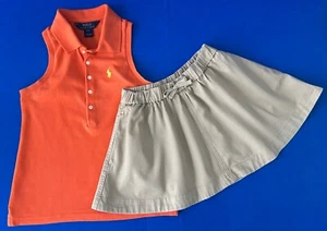 Polo Ralph Lauren Girls 7 Khaki Skater Skirt Orange Sleeveless Polo Shirt Outfit - Picture 1 of 15
