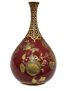 A Tique Royal Crown Derby Red  Porcelain Vase with  Raised Gold Flowers  - Picture 1 of 8