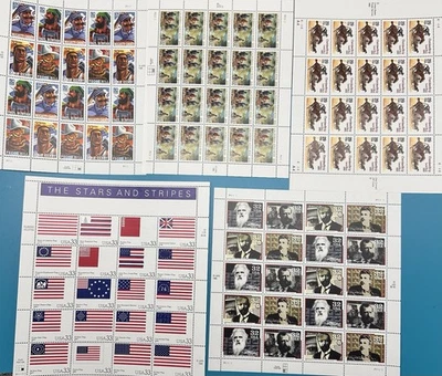 5 Sheet US Postage Stamp Lot  Gold Rush, Flag, Pioneers, Folk Heros, Cherokee - Image 1 of 4