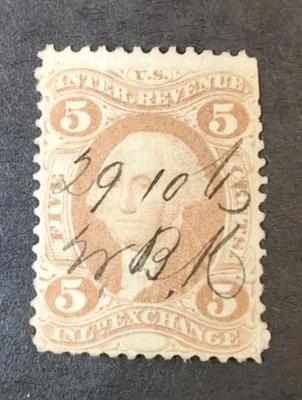 1864 STAMP US SCOTT R27c "Washington-Inland Exchange" 5 CENT USED HAND CANCEL - Image 1 of 2