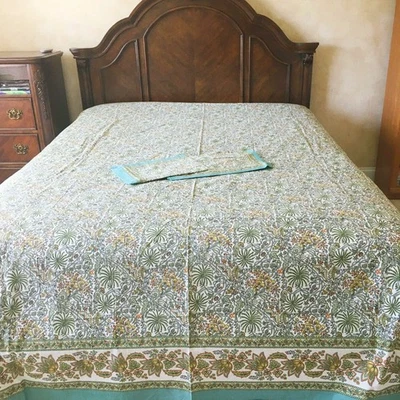 Sábana bajera doble floral verde algodón con 2 fundas de almohada con cremallera L-106", W-86" Foto 1 de 3