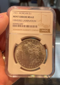 1921 Morgan $1 Mint Error MS62 Obverse Lamination Box 105 - Picture 1 of 2