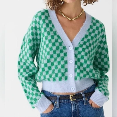 Cárdigan Suéter J.Crew Cuadros Hilo Cepillado Cuello en V Verde Azul M Alpaca Nuevo con Etiquetas Foto 1 de 4