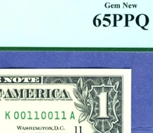 FANCY TRUE BINARY REPEATER # 00110011 on 11th District serial # $1 PCGS 65 PPQ - Picture 1 of 3
