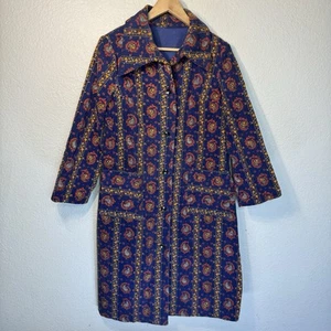 Vintage Jacket Women L Corduroy Floral Button Long Coat Retro 60s Hippie Boho - Picture 1 of 11