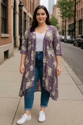 Torrid Floral Kimono Hi Low Duster Cardigan Womens Size 4X Purple Cottage Boho - Image 1 of 4