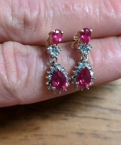 Vintage 14k Gold Lab Created Ruby And Diamond Dangling Earrings - Picture 1 of 6
