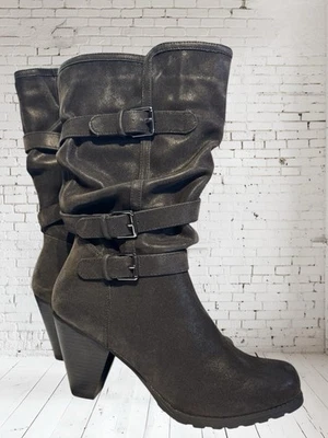 Botas Madeline para mujer talla 11 negras imitación gamuza cremallera media pantorrilla 3,5" Y2K Revival Foto 1 de 4