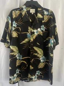 Trader Bay Hawaiian Camp Silk Shirt L Large Hibiscus Flowers Plants Leaves Men's - Picture 1 of 10