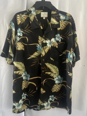 Trader Bay Hawaiian Camp Silk Shirt L Large Hibiscus Flowers Plants Leaves Men's - Image 1 of 4