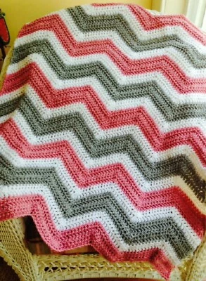 CROCHET handmade baby blanket afghan chevron ripple VANNA yarn pink grey 32"x36" - Image 1 of 2