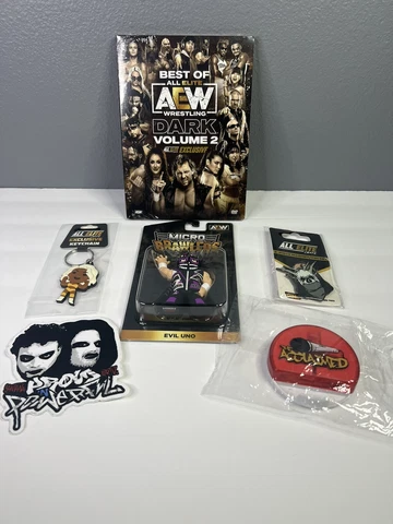 AEW Pro Wrestling Crate w/Evil Uno Micro Brawler DVD, Sticker, Keychain & Pins Cover