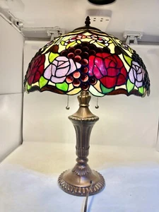 Vintage Tiffany Style Lamp Design  Base Roses / Grape Jewled Shade with Flowers - Picture 1 of 21