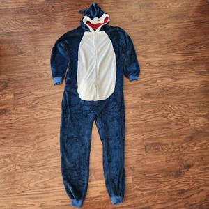 SHARK One Piece Plush Costume Pajamas Unisex Halloween Jump Suit Pockets Hood - Picture 1 of 13