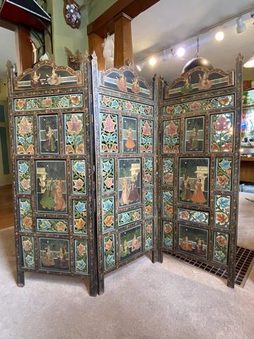 Antique 3 Panel Hand Painted & Carved Indian Privacy Screen/ Room Divider Cover