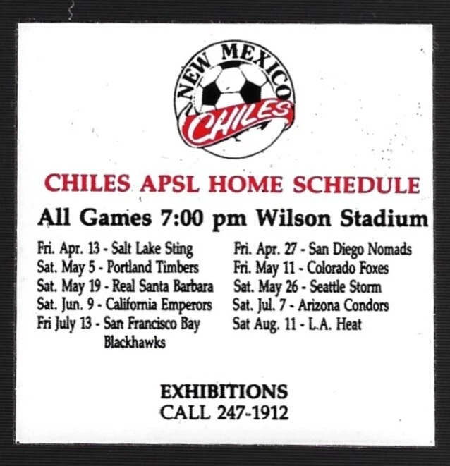 1990 New mexico Chiles APSL Pro Soccer MAGNET Schedule !!! No Sponsor — 第 1/1 张图片