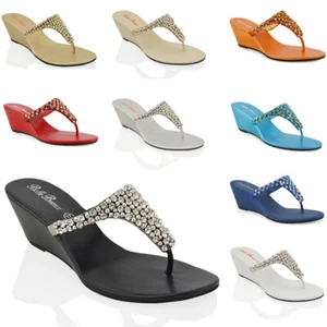 Womens Low Heel Wedge Diamante Toe Post Ladies Sparkly Holiday Party Sandals 3-9 - Picture 1 of 76