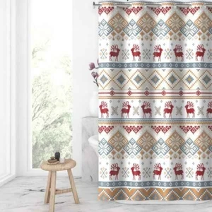 Christmas Hookless Shower Curtain w/ Snap in Liner Deer Country Farmhouse - Picture 1 of 6