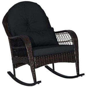 Patio Rattan Rocking Chair with Seat Back Cushions and Waist Pillow-Black - Colo - Picture 1 of 5