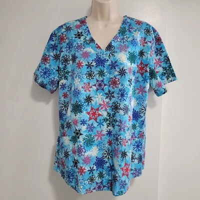 SB Scrub Top Ladies Size Medium Blue Multicolor Snow Flakes Holiday w/ Pockets - Image 1 of 4