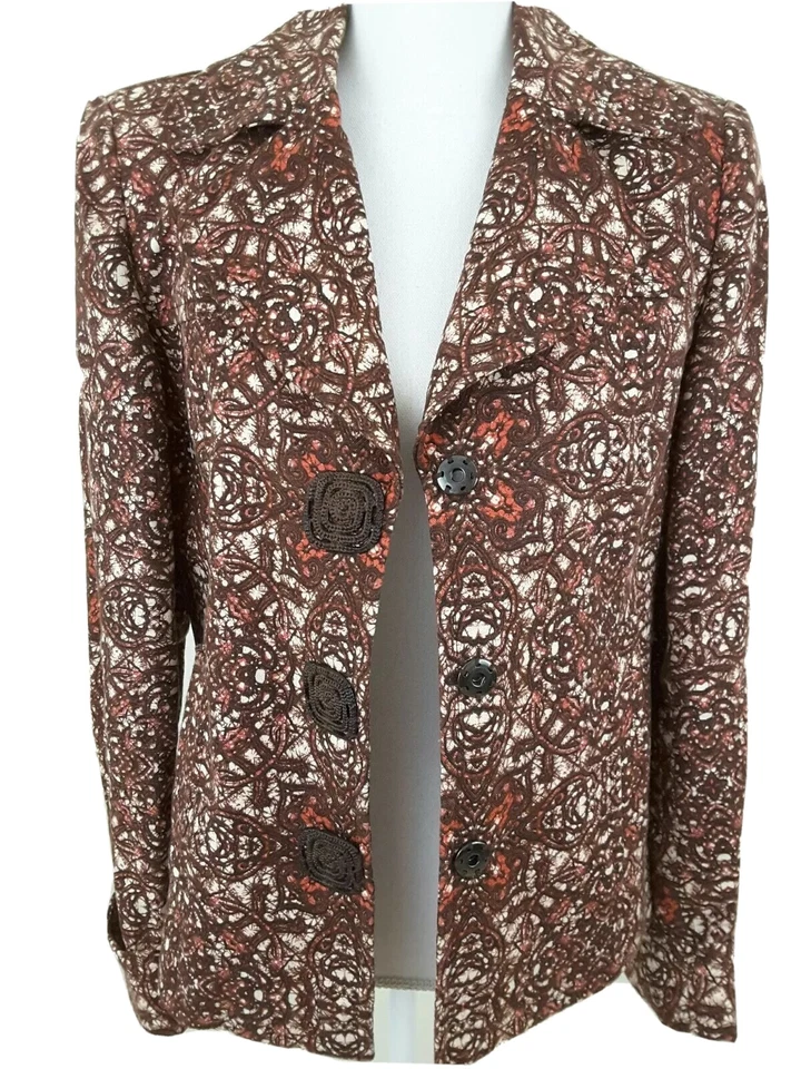 Peck&Peck Fin de Semana~Mujer Talla 8~Bronce Óxido Étnico Tribal Estampado Otoño Chaqueta Lino Foto 1 de 4