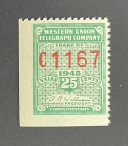 Telegraph Stamp #16T113 single - 1945 Western Union Telegraph Company - OG- MNH - Picture 1 of 1