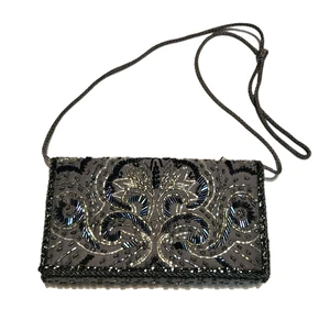 La Regale LTD Vintage Beaded Evening Bag Handbag Purse Peacock Blue Gray Silver - Picture 1 of 7