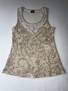 Tribal Womens Top Embroidered Beaded Rib Camisole Ecru Size M - Picture 1 of 8