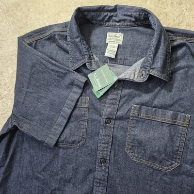 LL Bean BeanFlex Denim Shirt XL Dark Blue Short Sleeve Button Up Casual Work New - Image 1 of 4