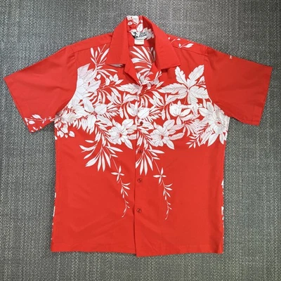 Vtg Hilo Hatties Hawaiian Shirt Mens L Red Floral Camp Polyester Aloha 90s USA - Image 1 of 4