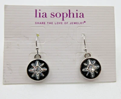 NEW SIGNED LIA SOPHIA black enamel clear rhinestone silver tone pair Earrings - Image 1 of 4
