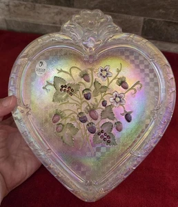 FENTON Carnival Glass Floral Heart Shaped Lidded Box Dish Pink Hues 8 1/2” - Picture 1 of 10
