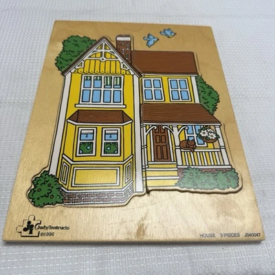 1996 Vintage Judy Instructo Yellow House Wooden Puzzle 3 Pc #J040047 Toy Game - Image 1 of 4