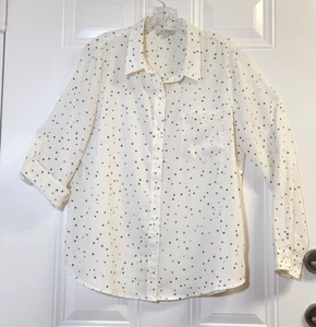 Skies Are Blue Blouse Top Size L ButtonUp Long Roll Tab Sleeves Cream Navy Stars - Picture 1 of 10