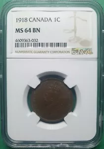 1918 CANADA 1 CENT COPPER NGC MS 64 BN - Picture 1 of 2