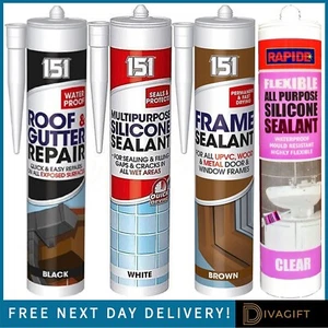 WATERPROOF SILICONE SEALANTS ALL PURPOSE ACRYLIC WHITE CLEAR BLACK BROWN SEALANT - Picture 1 of 60