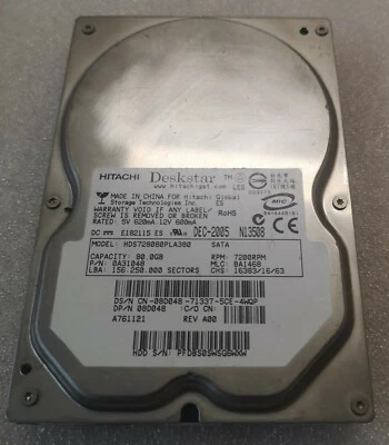 Hitachi Deskstar 80GB 3.5" Internal Hard Drive HDS728080PLA380 WSG6WXW - Image 1 of 3