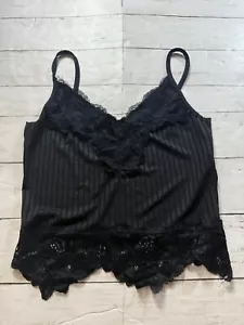 Camiseta sin mangas camisola cuello en V con detalle de encaje acanalado a rayas negras sin marca para mujer. - Imagen 1 de 7
