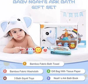 Noahs Ark Baby Gift Set Towel, Book, Bath Toys, Gift Bag Baptism Shower Boy Girl - Picture 1 of 16