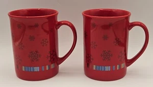 Par de tazas rojas de cerámica Godiva patrón de copo de nieve banda de colores 16 oz - Imagen 1 de 13