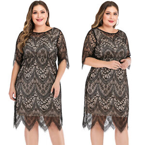 Women Short Sleeve Midi Dress O-Neck Lace Party Bodycon Prom Formal Plus Size