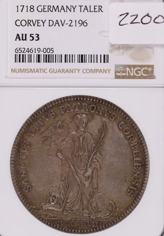1718 Germany Silver Taler Corvey DAV-2196 NGC AU-53 #9-005 Cover