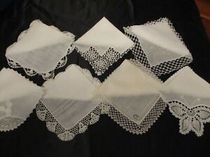 1950s and 1960s Lot of 5 White and Blue Linen and Cotton Crochet Edges Vintage Handkerchiefs