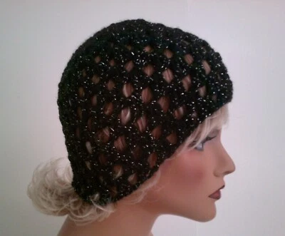 NEW BLACK SPARKLE OPEN WEAVE BEANIE HAT HAND MADE CROCHET BERET SKULL CAP - Image 1 of 4