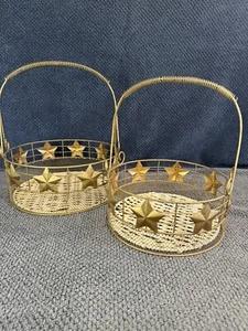 Holiday Christmas Decorative Baskets Metal Sides w/ Stars, Weaved Bottom - Picture 1 of 11