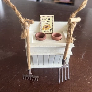 Miniature Dollhouse White Garden Potting Table Pots Sign Rake Pitch Fork - Picture 1 of 5
