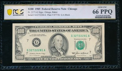 AC 1985 $100 Chicago FRN PCGS 66 PPQ G-A block gem Fr 2171-G - Image 1 of 2